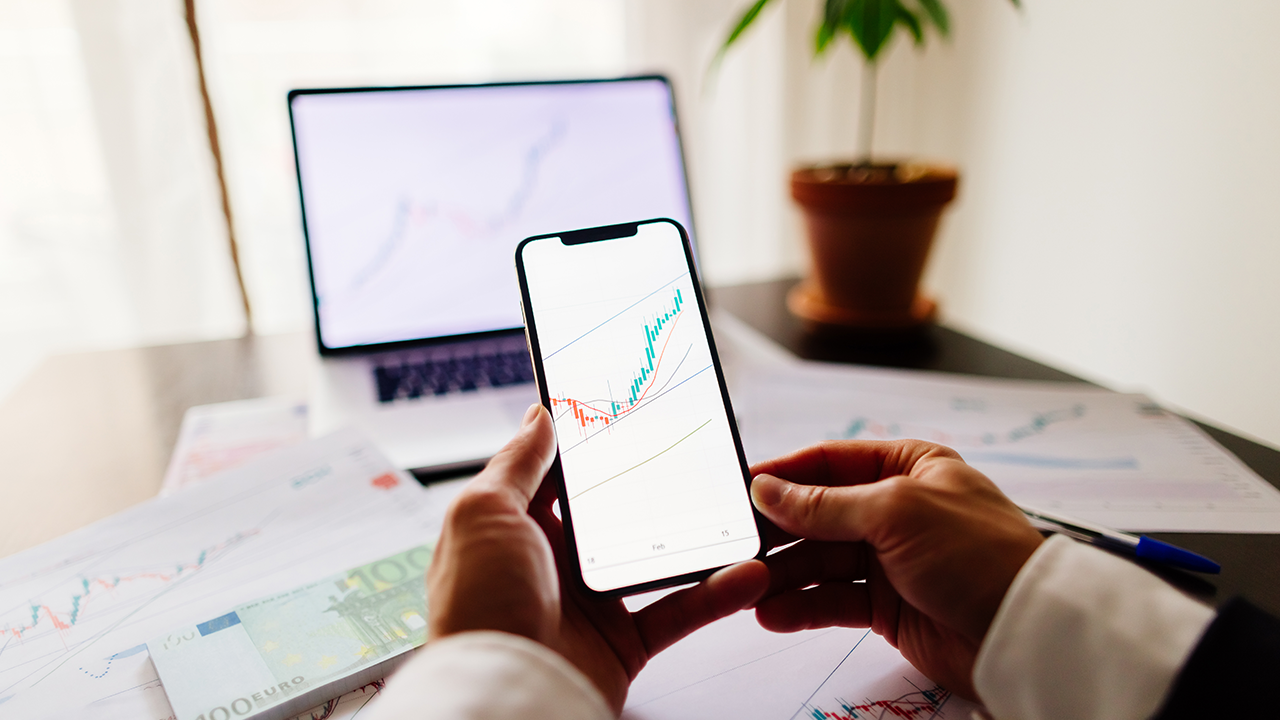 Investor looks at returns on phone