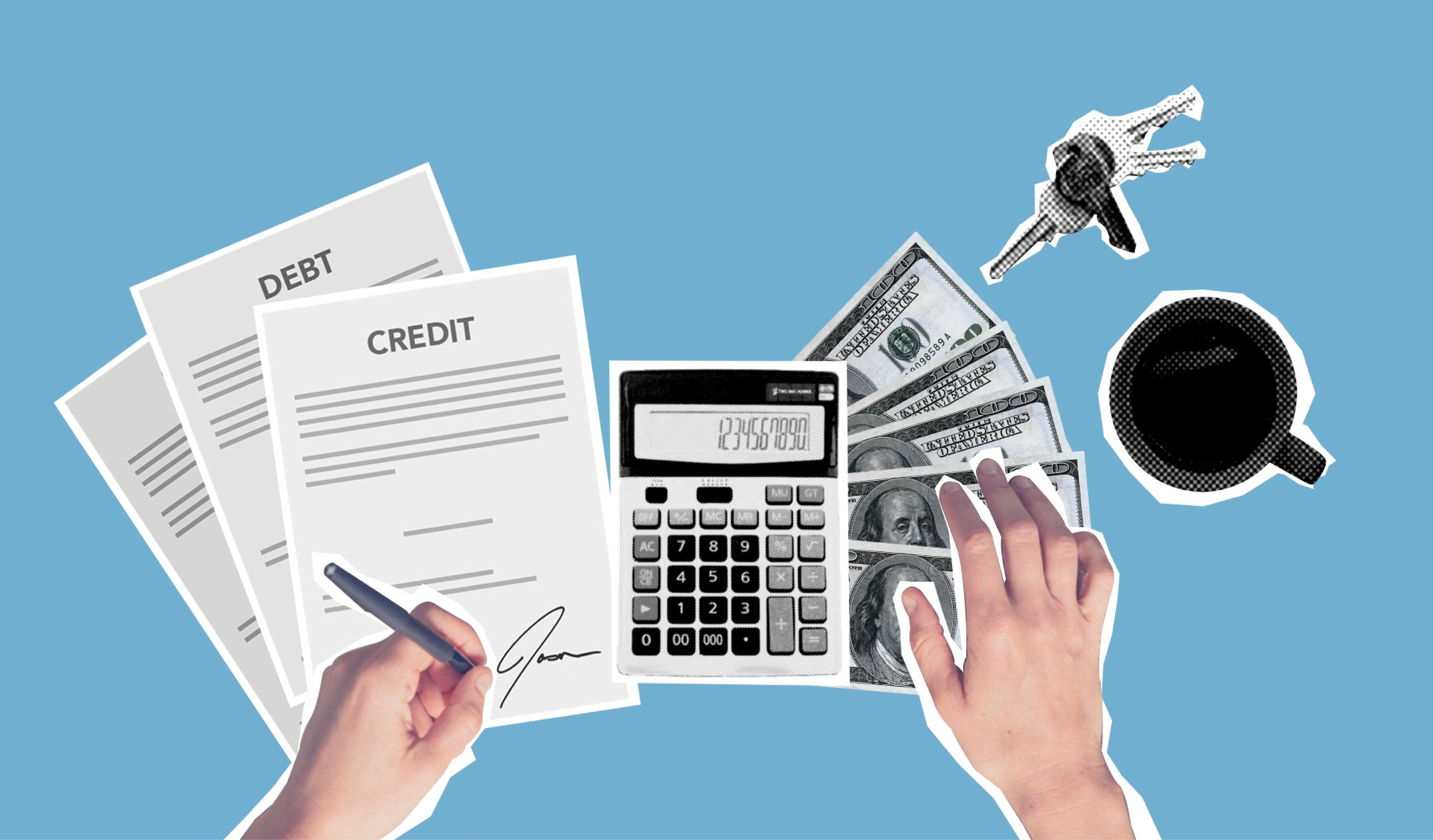 Digital illustration of debt, credit, calculator, cash, mug, keys and purchase loan of an apartment/ 